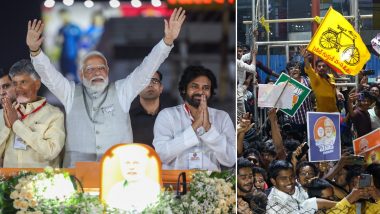 PM Modi in Andhra Pradesh: PM Narendra Modi Holds Roadshow in Vijayawada With TDP Chief Chandrababu Naidu, JSP's Pawan Kalyan (See Pics and Video)