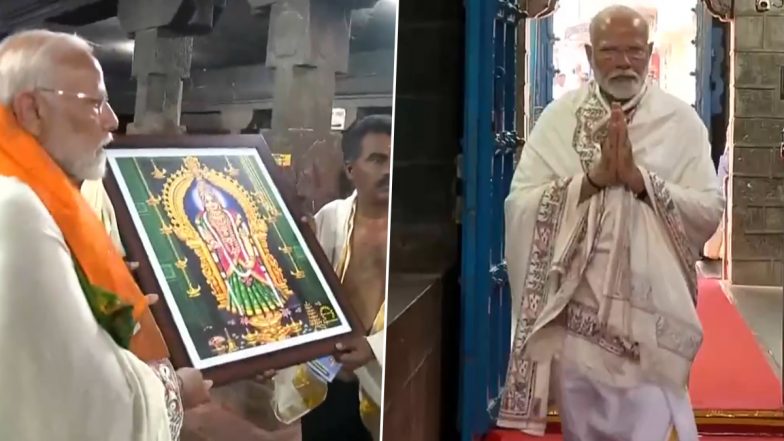 PM Narendra Modi Visits Bhagavathy Amman Temple in Kanyakumari Before Commencing 48-Hour Meditation at Dhyan Mandapam in Tamil Nadu (Watch Video)