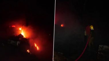 Jammu and Kashmir Fire: Massive Blaze Engulfs Scrap Yard in Rathain Village in Udhampur District, Fire Tenders Present at Spot (Watch Video)