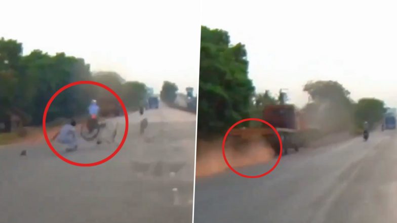 Kochi: Speeding Biker Rams Into Lorry After Colliding With Cyclist, Hospitalised in Critical Condition; Terrifying Rash Driving Video Surfaces