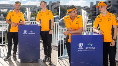 Miami GP 2024 Winner Lando Norris and Oscar Piastri Pose with ICC Men’s T20 World Cup 2024 Trophy