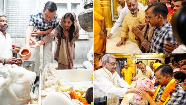 Arvind Kejriwal Offers Prayers at Hanuman Temple in Delhi's Connaught Place After His Release From Tihar Jail; Wife Sunita Kejriwal, Bhagwant Mann Also Present (See Pics and Video)