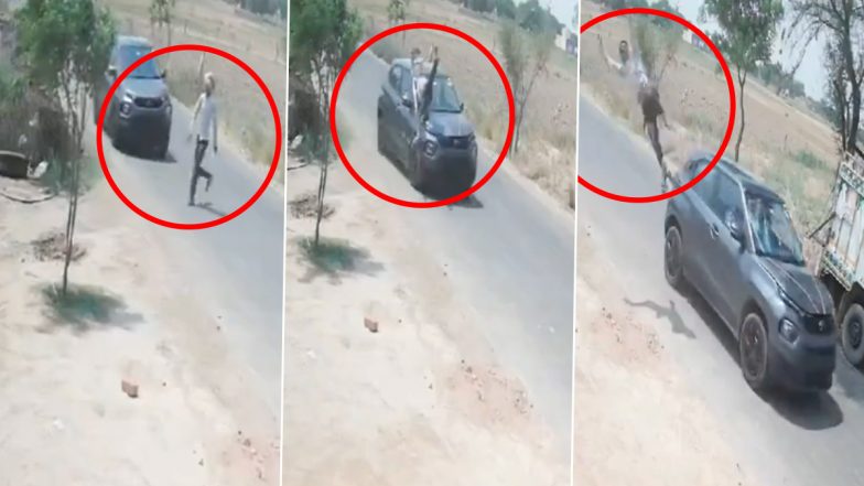 Rajasthan Road Accident: Man Flung Into Air After Being Hit by Speeding Car in Dholpur, Shocking Video Surfaces