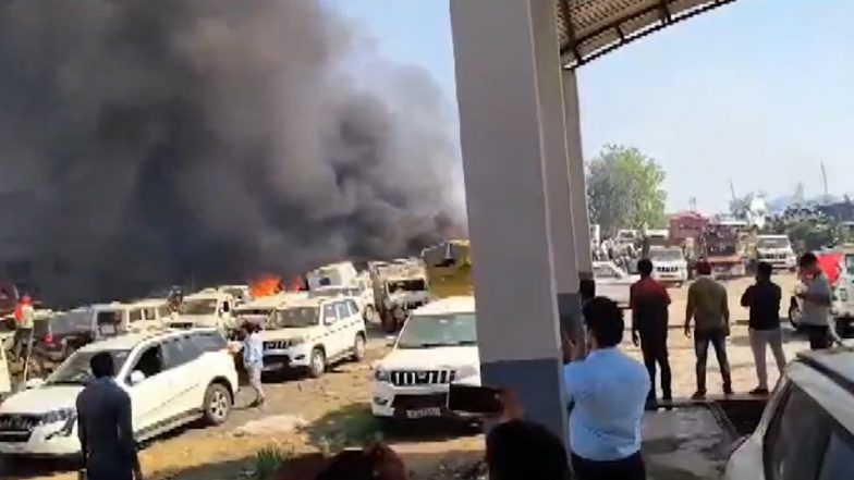 Madhya Pradesh Fire Video: Blaze Engulfs Mahindra Showroom Workshop in Jabalpur, Fire Tenders on Scene