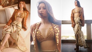 Sexy! Tamannaah Bhatia Slays In Customised Bralette Top and Jacket Paired With Sarong Skirt From House of Masaba For Aranmanai 4 Promotions (See Pics)