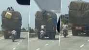 Highway Robbery: Three Thieves on Motorcycle Loot Moving Truck in Madhya Pradesh's Shajapur, Video Goes Viral