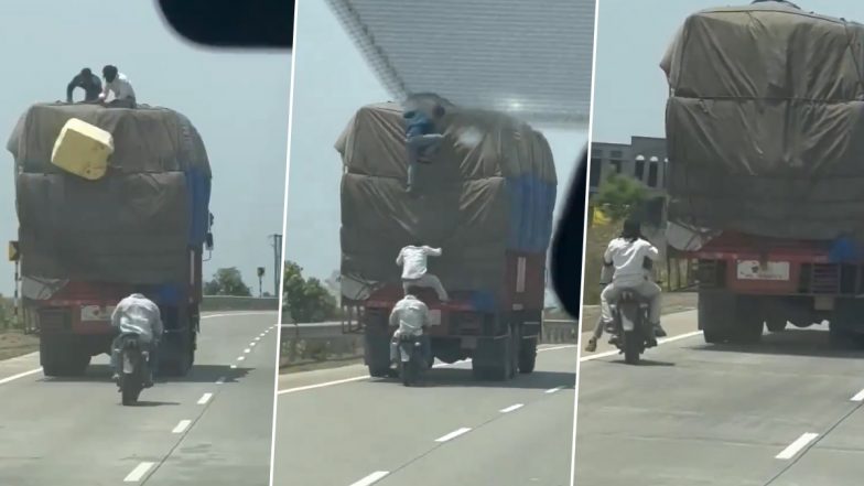 Highway Robbery: Three Thieves on Motorcycle Loot Moving Truck in Madhya Pradesh's Shajapur, Video Goes Viral