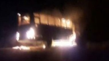 Madhya Pradesh Bus Accident: Vehicle Carrying EVMs, Polling Officials Catches Fire in Betul Due To Mechanical Fault (Watch Video)