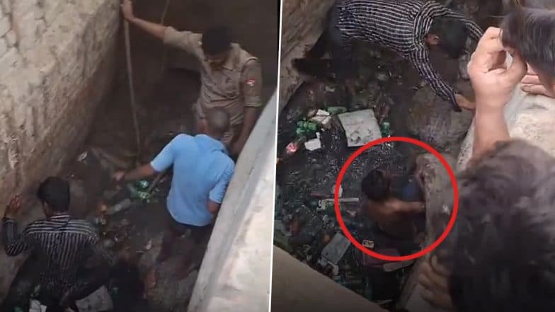 Noida Police and Locals Join Forces to Pull Drunk Man from 30-Foot Fast-Flowing Drainpipe in Uttar Pradesh; Video Surfaces