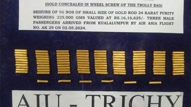 India News | Tamil Nadu: Customs Officials Seize Gold Rods Worth Rs 16.17 Lakh at Tiruchirappalli Airport