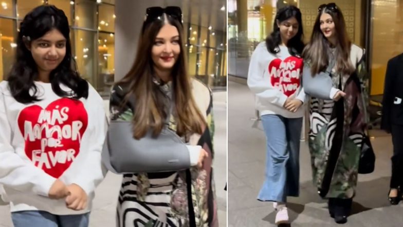 Aishwarya Rai Bachchan Clicked Wearing a Cast As She Returns to Mumbai After Attending Cannes Film Festival 2024! Actress Spotted at the Airport With Daughter Aaradhya Bachchan (Watch Video)