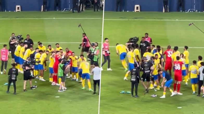 Al-Nassr Players Celebrate Cristiano Ronaldo’s New Record on Field During Saudi Pro League 2023–24 Clash Against Al-Ittihad (Watch Video)