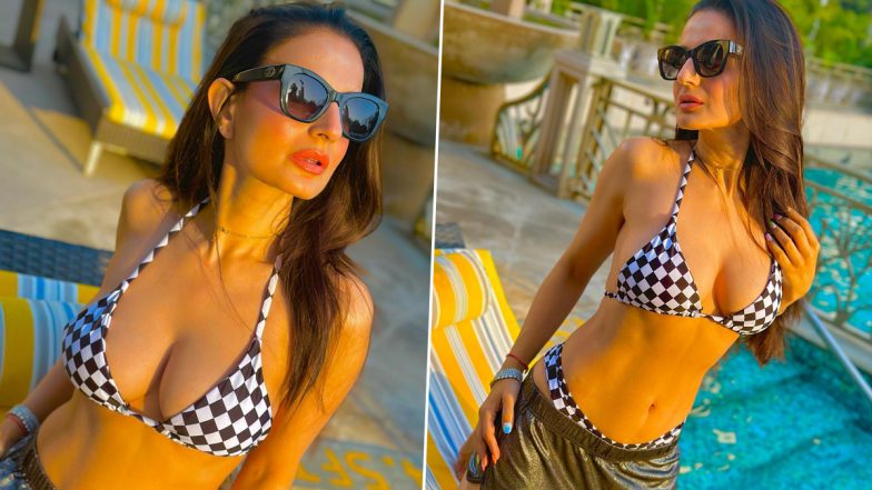 Ameesha Patel Sizzles in Checkered Bra Top and Hot Shorts! Check Out Her Stunning Poolside Pics