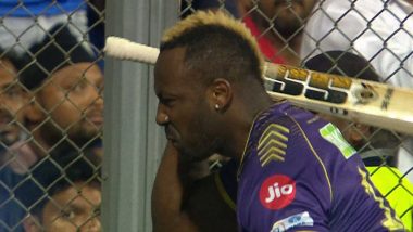 Angry Andre Russell Attempts to Smash Bat On Staircase Railing After Being Run Out During MI vs KKR IPL 2024 Match (See Pic)