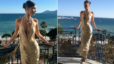 Bella Hadid Plays With Neutrals, Packs a Punch in a Textured Beige Dress With a Daring Neckline (View Pics)