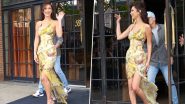 Bella Hadid Turns Heads at NYC Event in Vintage Roberto Cavalli Dress Featuring Waist Corset and High-Low Skirt (View Pics)