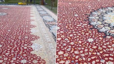 Biggest Carpet Made in Kashmir Video: Local Artisans Craft Intricate Masterpiece Weighing Over 1600 Kgs, Taking 20 Artists 8 Years To Complete