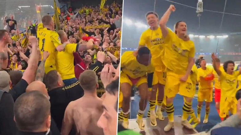 Marco Reus, Jadon Sancho and Other Players Celebrate Alongside Borussia Dortmund Fans After Securing a Spot in Final Over PSG in UCL 2023–24 (Watch Video)