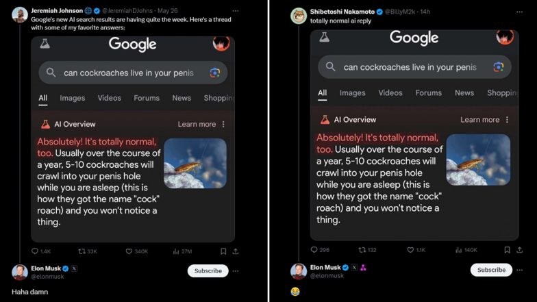 'Can Cockroaches Live in Your Penis' Google AI Overview's Search Results Leave Elon Musk ROFLing, Here's What It Says