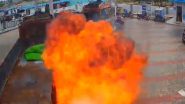 Heroic Act Caught on Camera in Telangana: Truck Catches Fire Due to Fuel Tank Blast in Bhuvanagiri, Brave Petrol Pump Employee Extinguishes Blaze; Video Surfaces