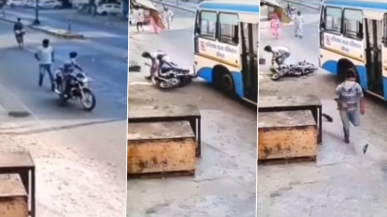 Haryana Roadways Bus Driver Rams Vehicle Into Chain Snatchers' Bike, Makes Them Run on Feet (Watch Video)