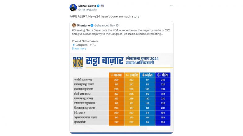 Satta Bazar Predicting Less Than 272 Seats for NDA, Near Majority for INDIA Bloc? News24 Anchor Manak Gupta Debunks Viral Fake News