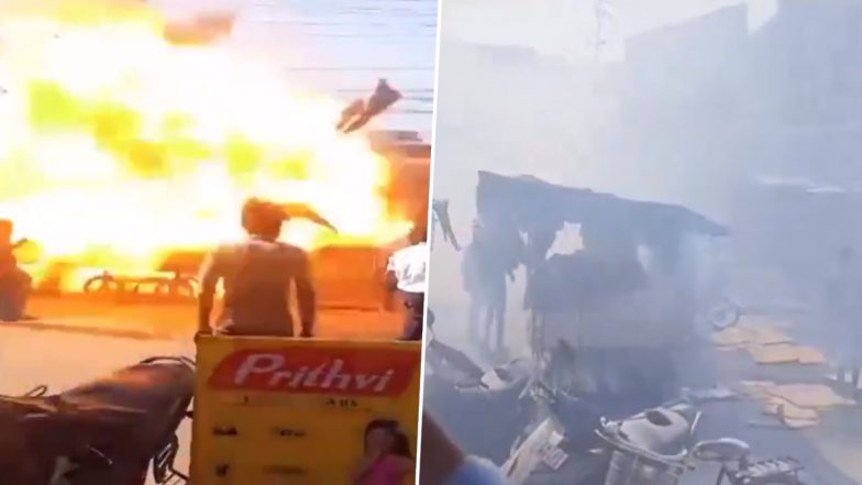 Tamil Nadu Gas Cylinder Explosion: Six People Injured, Two Nearby Shops Gutted in Fire in LPG Cylinder Blast at Samosa Shop in Tirunelveli (Watch Video)