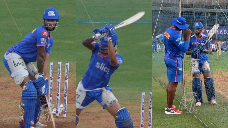 Tilak Varma Sweats Out in the Nets Ahead of MI vs SRH IPL 2024 Clash, Gets Valuable Advice From Batting Coach Kieron Pollard (Watch Video)