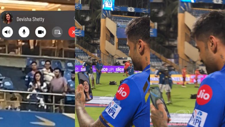 Suryakumar Yadav Talks to Wife Devisha Shetty on Video Call After She Came to Attend MI vs SRH IPL 2024 Match at Wankhede Stadium (Watch Video)