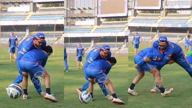 Ishan Kishan and Tim David Have Fun Time in Practice As They Try Hands-On Wrestling During Practice Session Ahead of the MI vs LSG IPL 2024 Match (Watch Video)