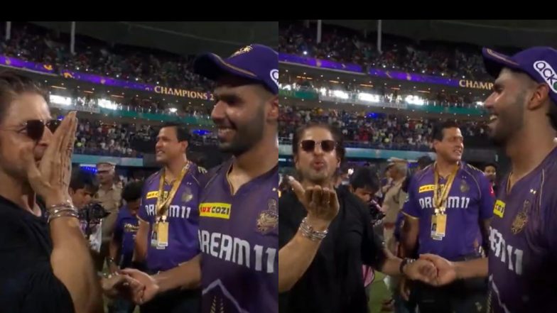 Shah Rukh Khan Performs Harshit Rana's 'Flying Kiss' Celebration After KKR Beat Sunrisers Hyderabad to Win IPL 2024 Title, Video Goes Viral