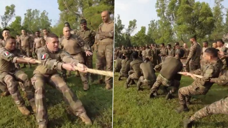 Indian and French Army Personnel Play Tug of War During India-France Joint Military Exercise 'Shakti' in Meghalaya's Umroi, Viral Video Surfaces