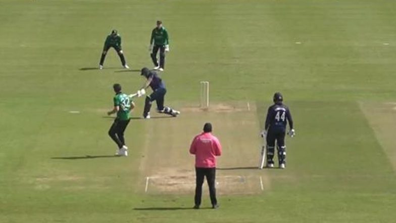 Scotland Batsman Michael Jones Scores Boundary off a Triple Bouncer During IRE vs SCO 5th T20I 2024 (Watch Video)