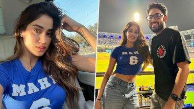 IPL 2024: Janhvi Kapoor Clicks Selfies Sporting ‘Mahi’ Jersey, Poses With Mr and Mrs Mahi Director Sharan Sharma During MI vs KKR Match (View Pics)