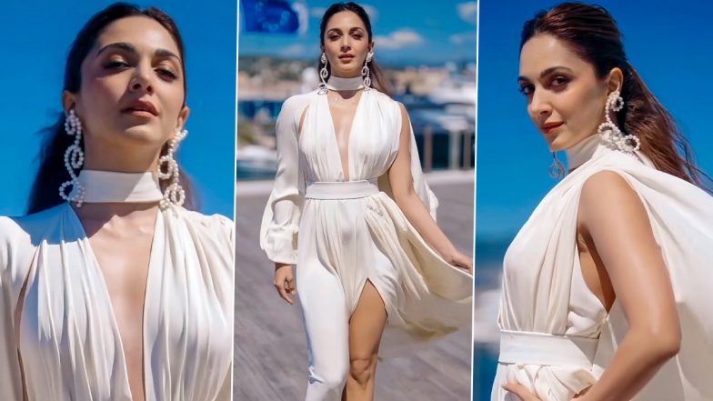 Kiara Advani at Cannes 2024: Actress Stuns in an Ivory Crepe Back Satin Dress With Thigh-High Slit (Watch Video)