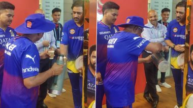MS Dhoni Visits Royal Challengers Bengaluru Dressing Room Ahead of Crucial RCB vs CSK IPL 2024 Match, Served a Cup of Tea by Support Staff (Watch Video)