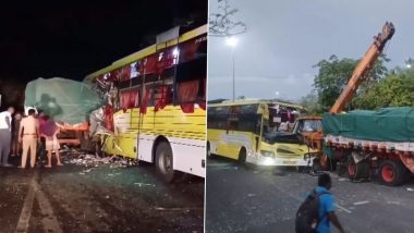 Tamil Nadu Road Accident: Four Killed, 15 Injured in Collision Between Omni Bus and Lorry on Chennai-Trichy Highway in Maduranthakam (Watch Video)