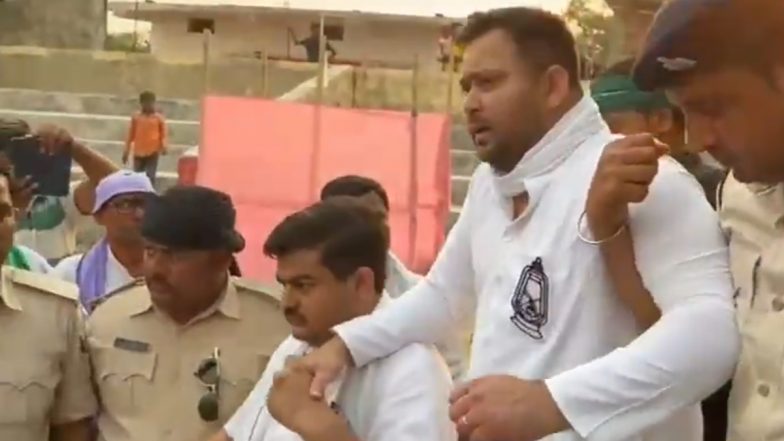 Tejashwi Yadav Develops Back Pain: Police Help RJD Leader Reach Car As He Experiences Sudden Backache Addressing Rally in Bihar's Araria (Watch Video)