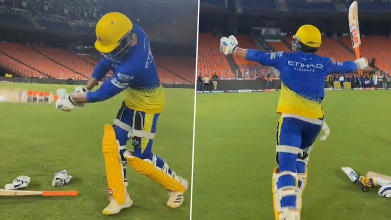 Ravindra Jadeja Recreates Iconic Moment of Hitting Winning Runs in 2023 IPL Final During Training Ahead of GT vs CSK IPL 2024 Match (Watch Video)