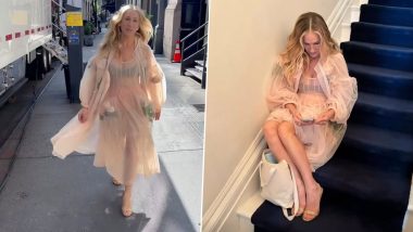 And Just Like That Season 3: Sarah Jessica Parker’s Carrie Bradshaw Exudes Glam in Sheer Ensemble Adorned With Long-Stemmed Roses (Watch Video)