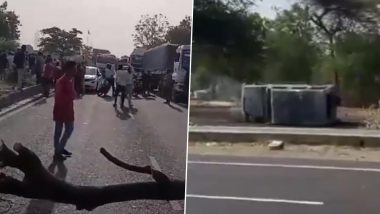 Gujarat: Villagers Set Police Vehicle Ablaze After Man Dies While Trying To Cross Road on Shamlaji NH 8 in Himmatnagar (Watch Video)