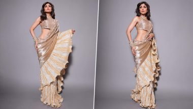 Shilpa Shetty Dazzles in a Metallic Rose Gold Saree for an Event, Sets the Bar High for Ethnic Fashion Goals (View Pics)