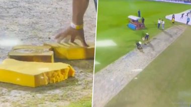Groundstaff Use Sponge to Dry Pitch at Barsapara Stadium in Guwahati As Rain Interrupts Play During RR vs KKR IPL 2024 Match, Video Goes Viral