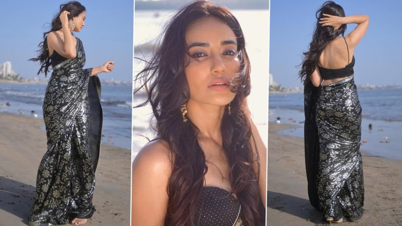 Surbhi Jyoti Redefines Ethnic Fashion Goals in a Dazzling Black and Silver Saree Paired With a Strappy Blouse (View Pics)