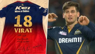Virat Kohli Gifts Signed Jersey to Noor Ahmad With a Special Message After Being Dismissed by Him in RCB vs GT IPL 2024 Match (See Pic)