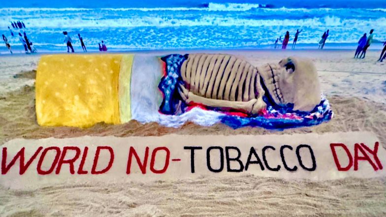 World No-Tobacco Day 2024 Sand Art: Artist Sudarsan Pattnaik Sculpts a Sand Art With a Powerful Anti-Smoking Message (View Pic)