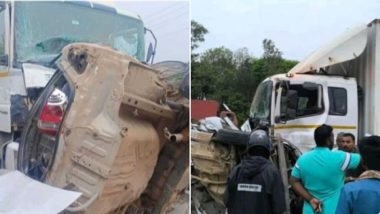 Road Accident in Karnataka: Six Including a Child Killed After Car Collides With Truck on National Highway 75 in Hassan (Watch Video)