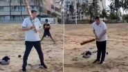 Pushkar Singh Dhami Plays Cricket at Mumbai’s Juhu Beach, Interacts With People Practicing Yoga (Watch Video)