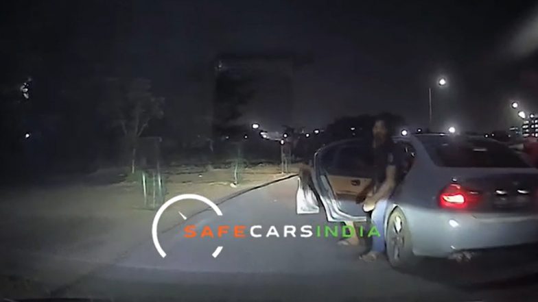 Road Rage in Greater Noida: Four Men in BMW Car Chase Family, Throw Bottles at Their Vehicle After Overtaking on Deserted Road; Horrifying Video Surfaces