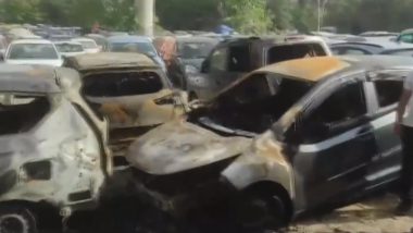 Delhi Fire: 19 Vehicles Gutted in Major Blaze in Madhu Vihar Parking Lot, Probe On (Watch Video)